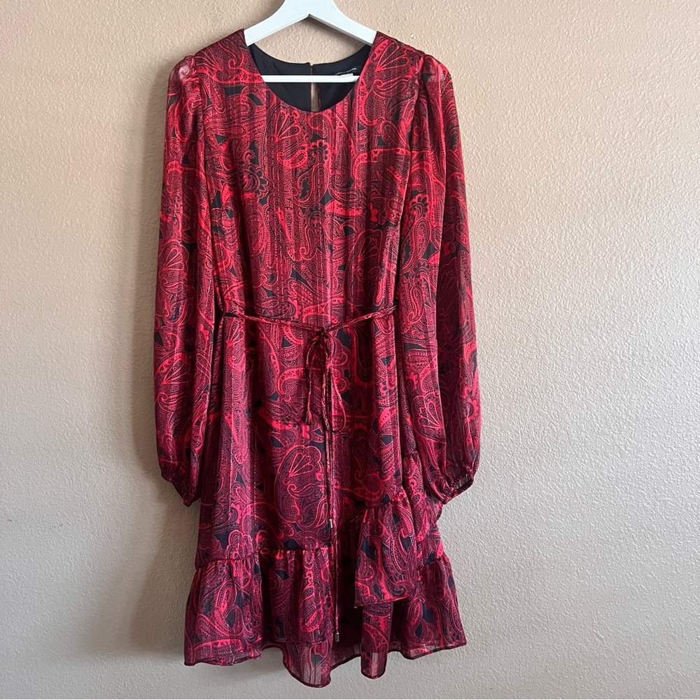 Tommy Hilfiger Paisley Chiffon Belted Long Sleeve Dress in Red Shimmer Size 14